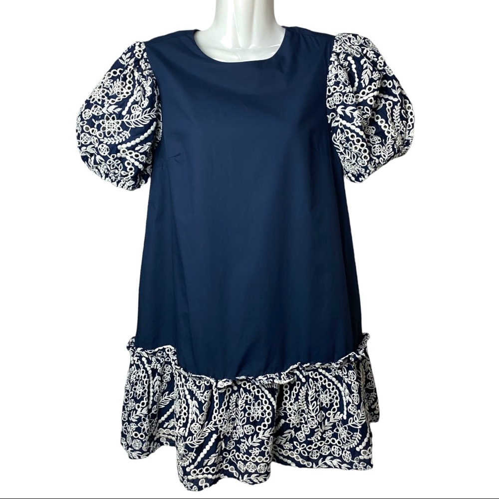 Moodie NWT | Navy Dress with Embroidered Puff Sleeves | Size Small